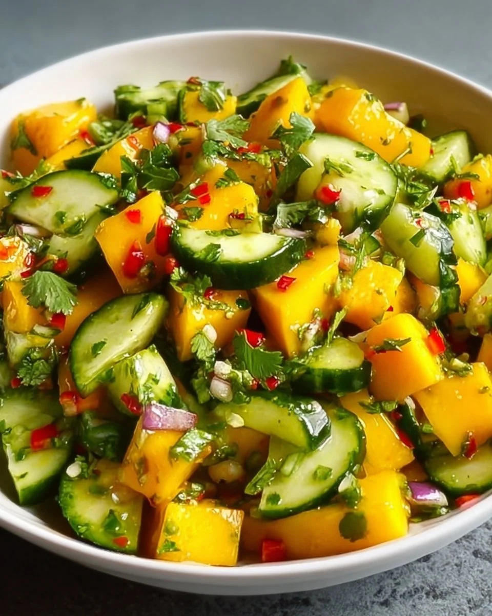 Mango Cucumber Salad with Chili Lime served in a bowl, showcasing fresh ingredients.