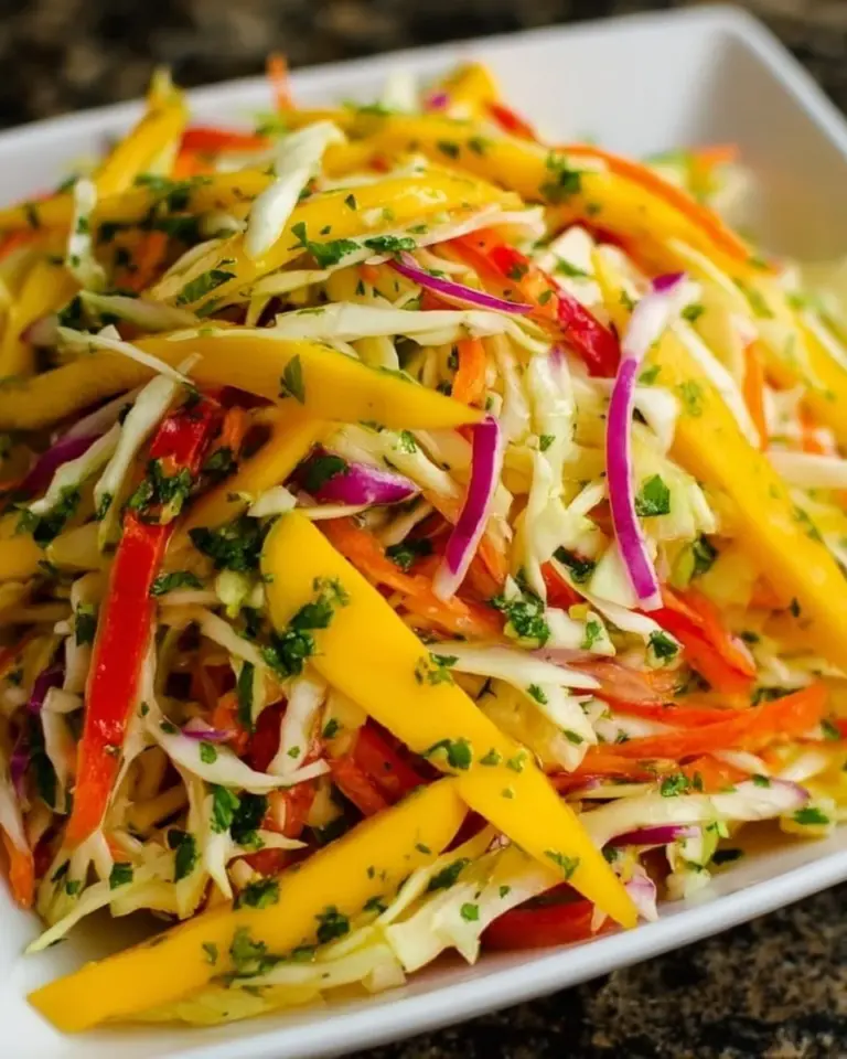Bowl of vibrant mango slaw with fresh vegetables and dressing