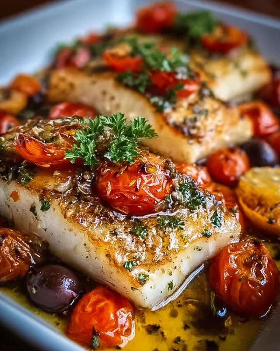 Mediterranean baked fish garnished with herbs and lemon slices