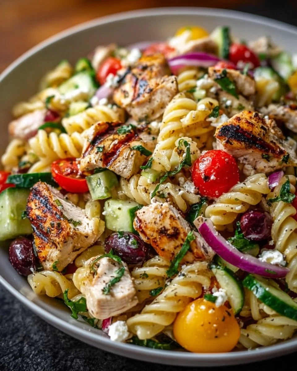 Bowl of Mediterranean Chicken Pasta Salad with colorful vegetables and pasta