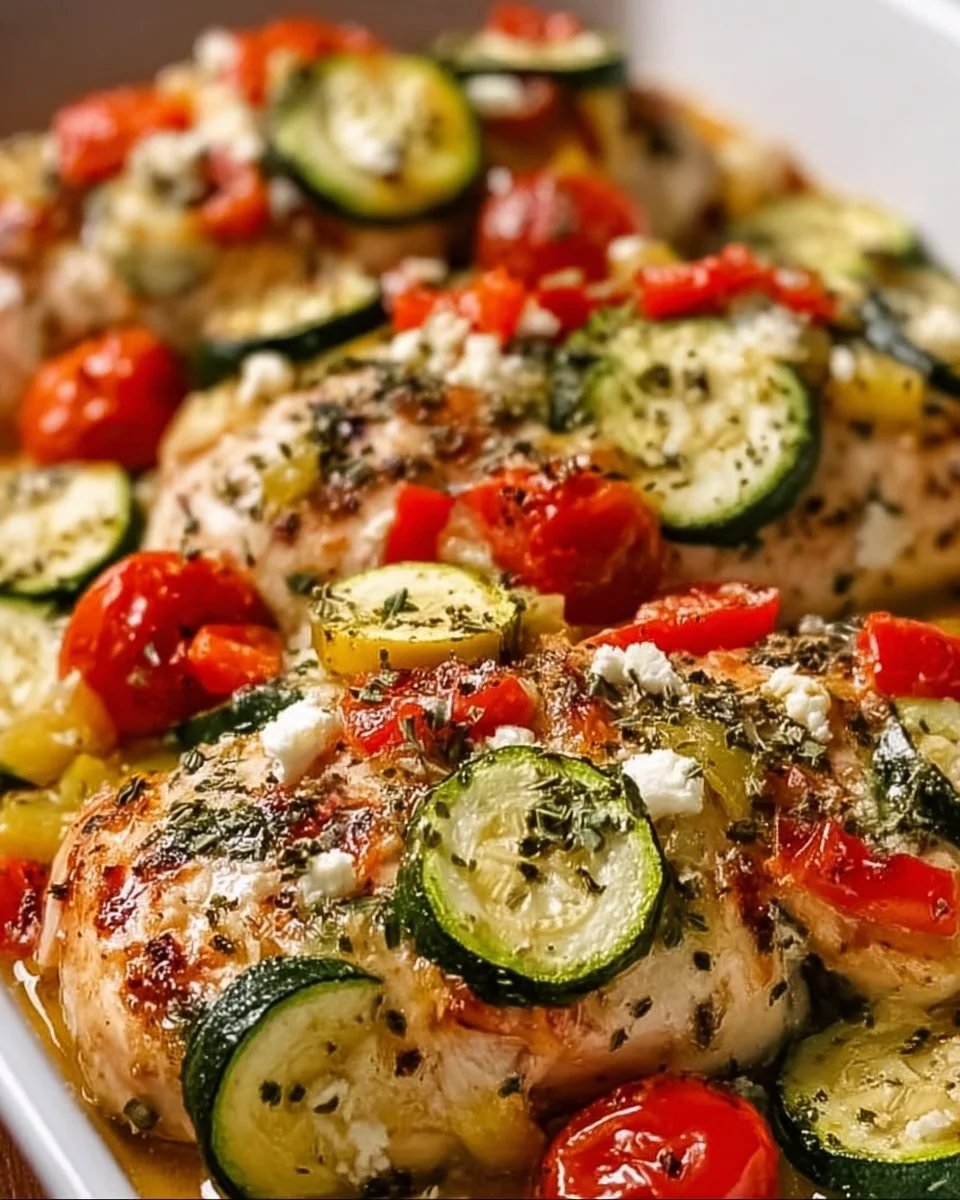 Mediterranean Chicken Zucchini Bake with fresh vegetables and herbs