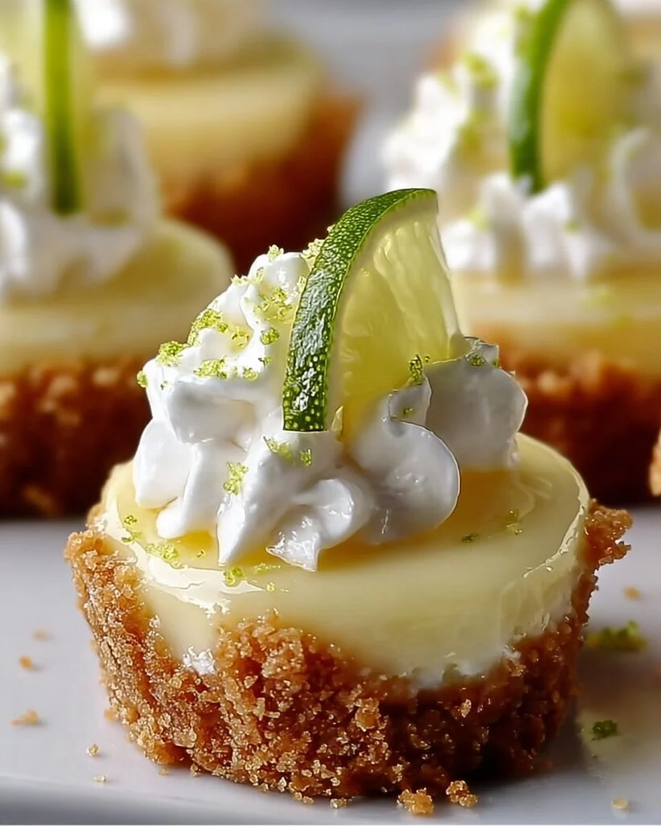 Mini key lime pies on a plate, garnished with lime slices and whipped cream