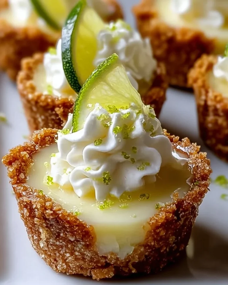 Mini key lime pies with a graham cracker crust and lime garnish