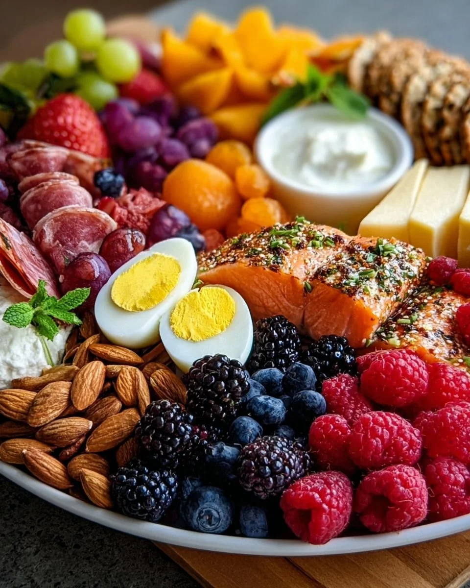 Beautiful Mother's Day brunch board with fruits, pastries, and treats