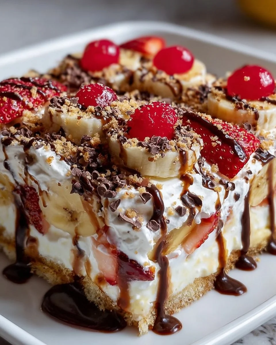 Delicious no bake banana split cake layered with bananas and ice cream.