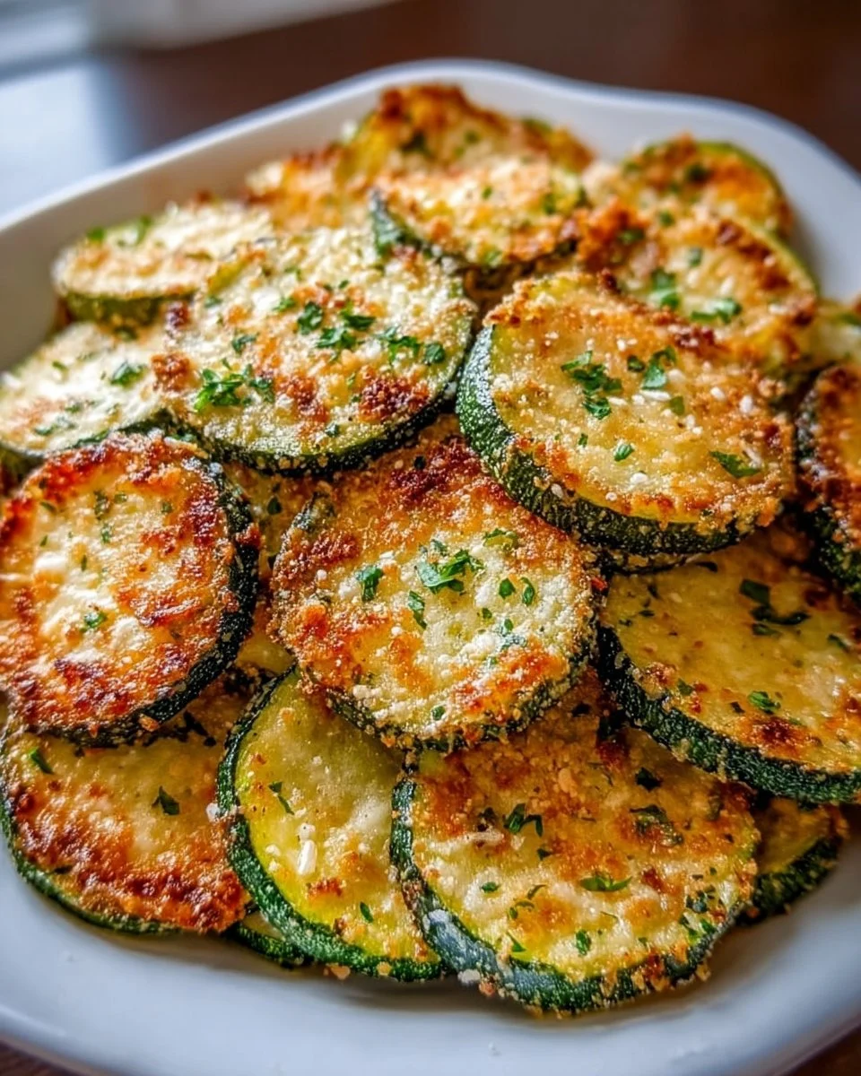 Oven-baked zucchini chips on a plate, healthy snack option.