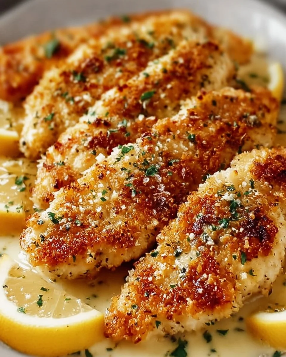 Delicious Parmesan Crusted Chicken served with fresh herbs and vegetables.