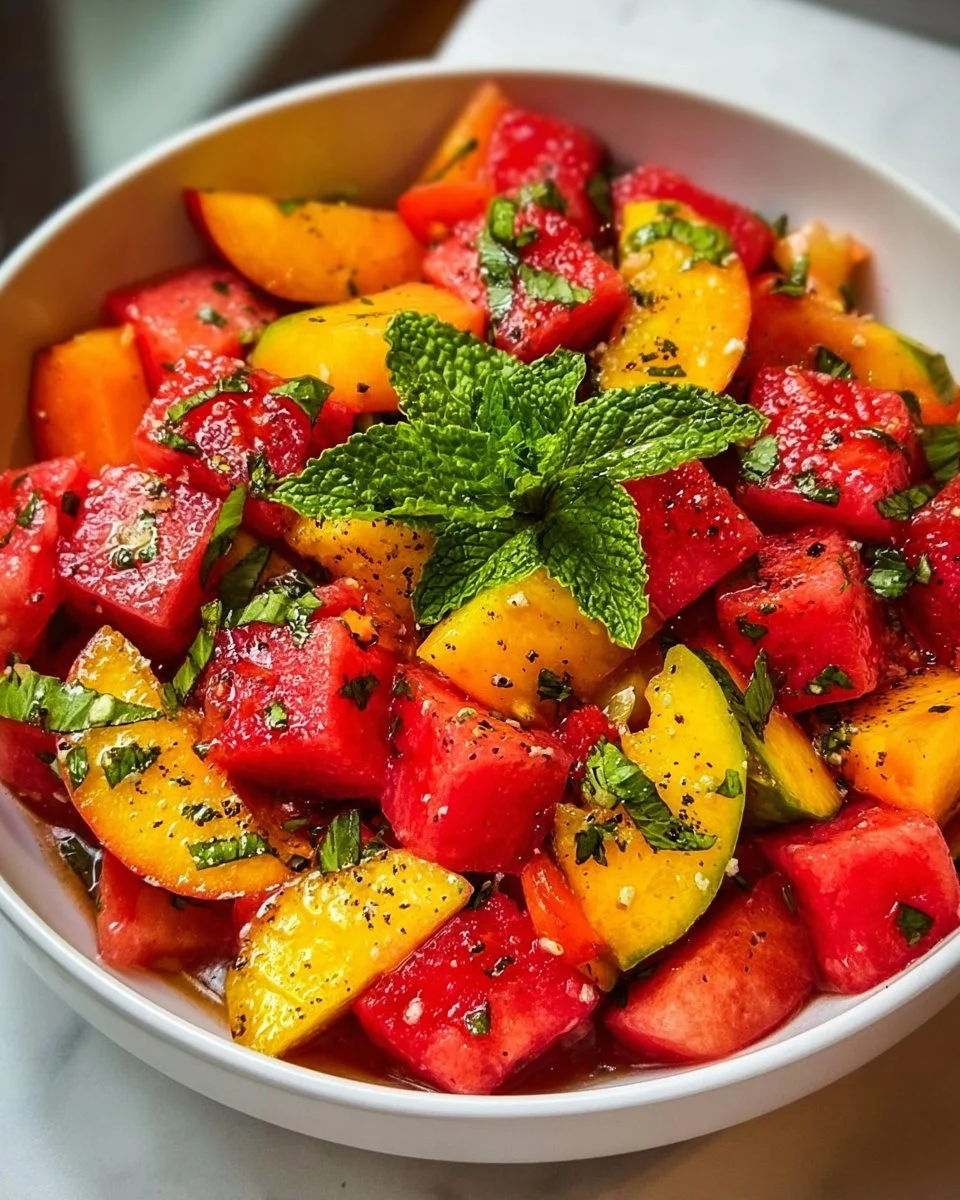 A vibrant Peach Watermelon Salad with fresh slices of peach and watermelon