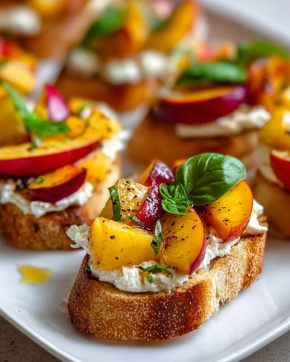 Delicious Peach Bruschetta with goat cheese and honey served on toasted bread