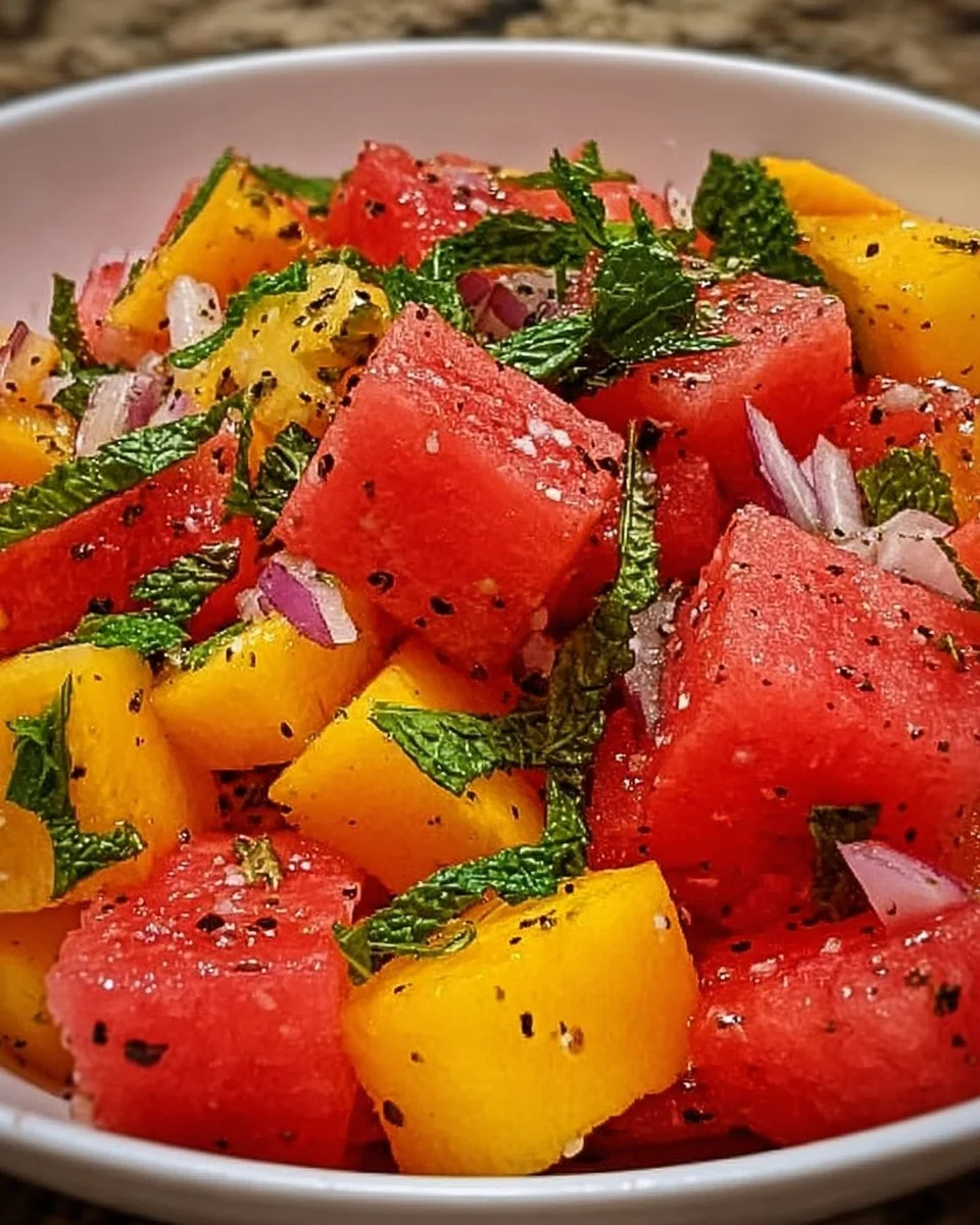 Refreshing Peach Watermelon Salad with fresh fruits and herbs