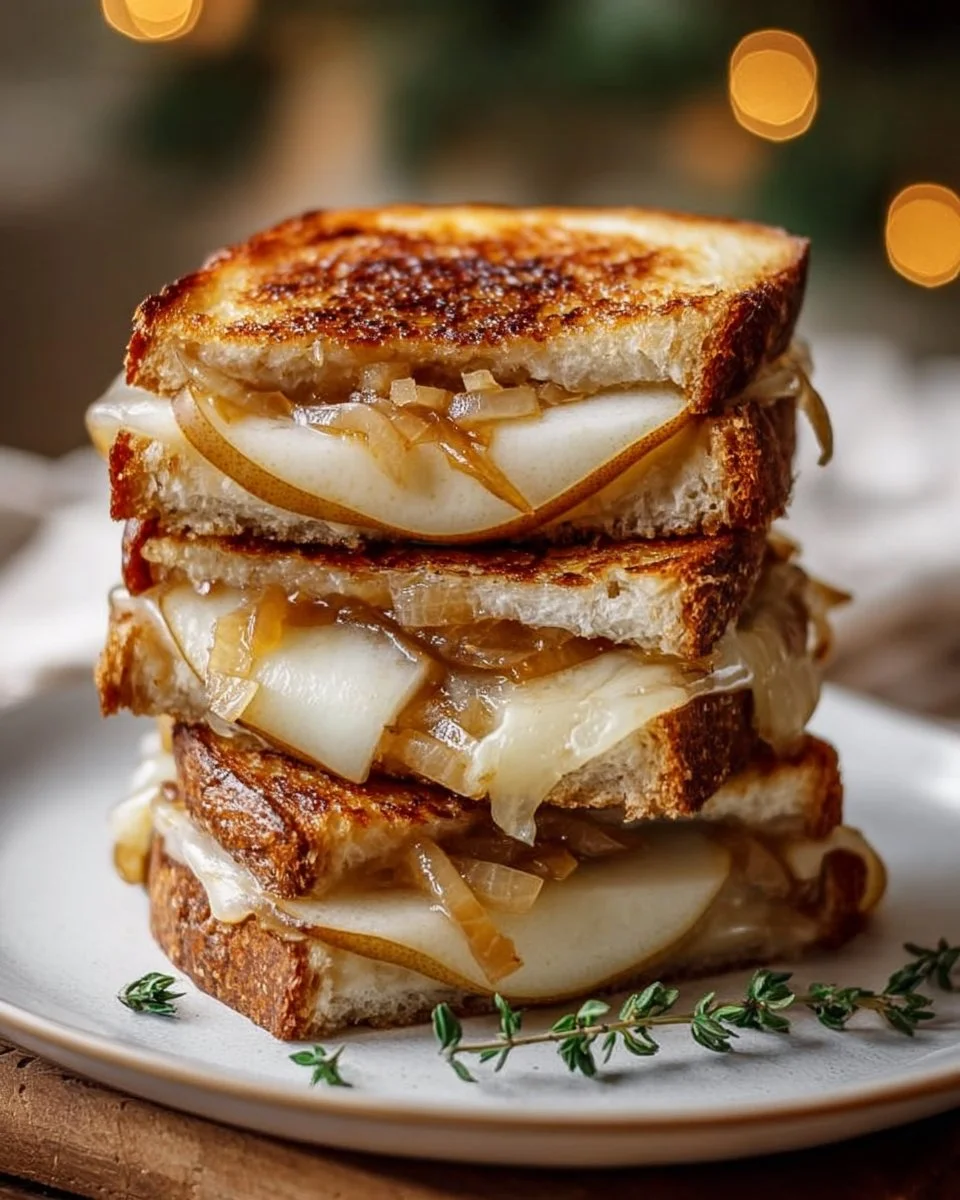 Delicious pear and apple grilled cheese sandwich topped with caramelized onions