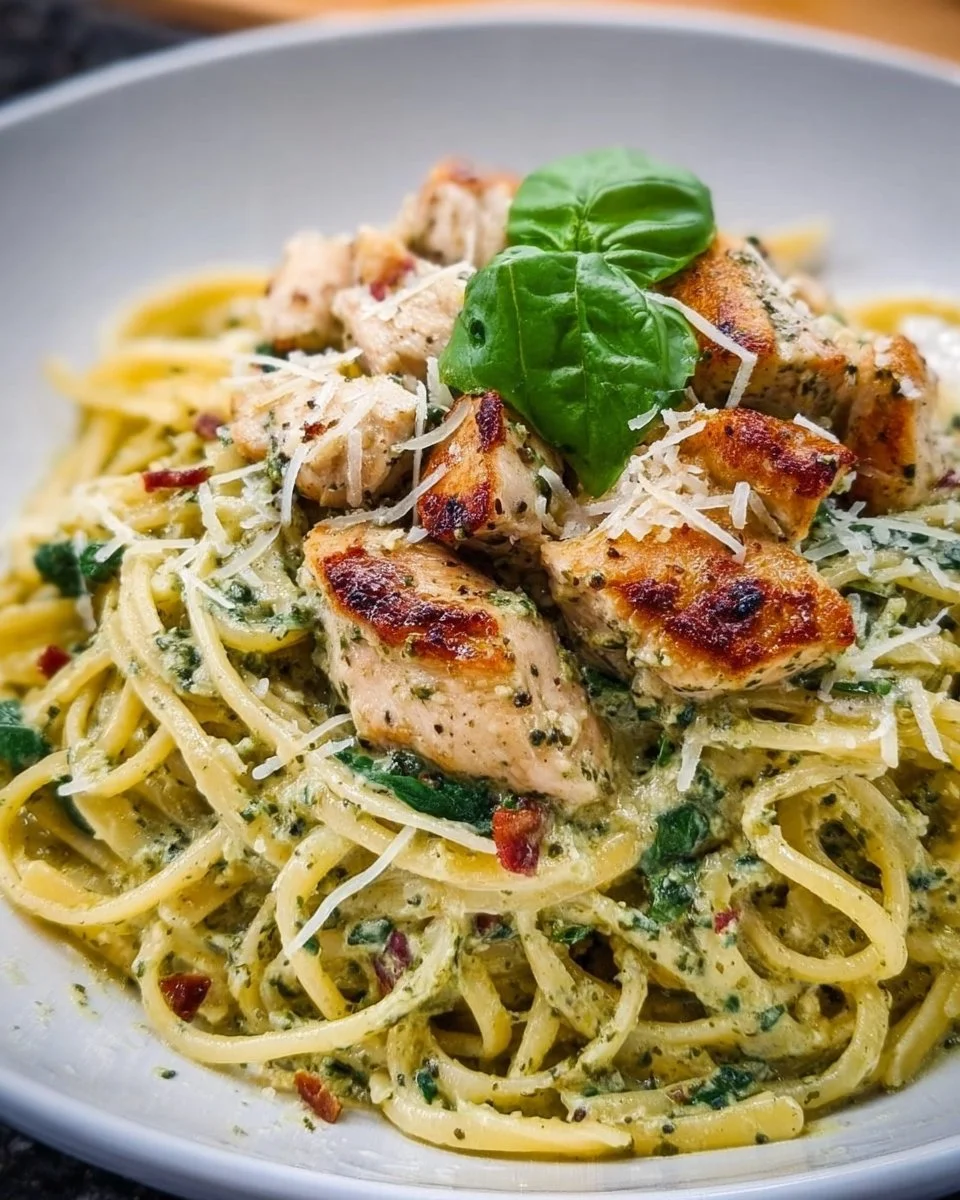 Pesto pasta with chicken garnished with fresh basil and grated cheese.