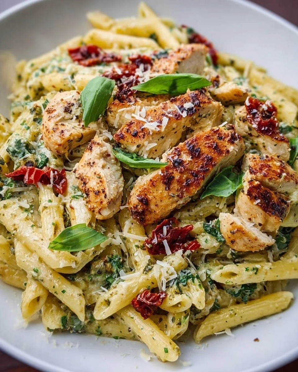 Plate of pesto pasta with chicken and fresh basil