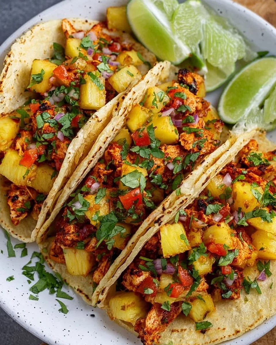 Delicious Pineapple Chicken Tacos served with fresh toppings and a zesty sauce