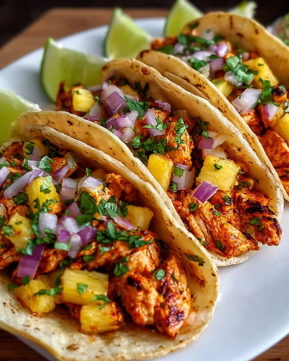 Delicious Pineapple Chicken Tacos served in warm tortillas with fresh toppings.