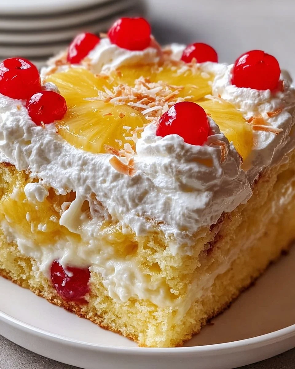 Delicious Pineapple Heaven Cake with tropical fruit garnishes
