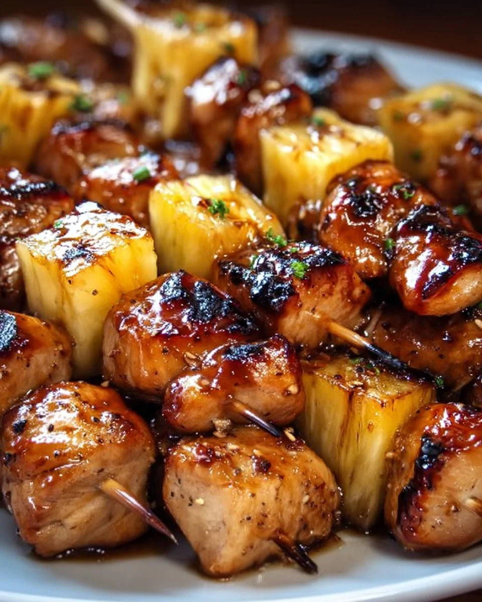 Delicious pineapple teriyaki chicken skewers ready for grilling