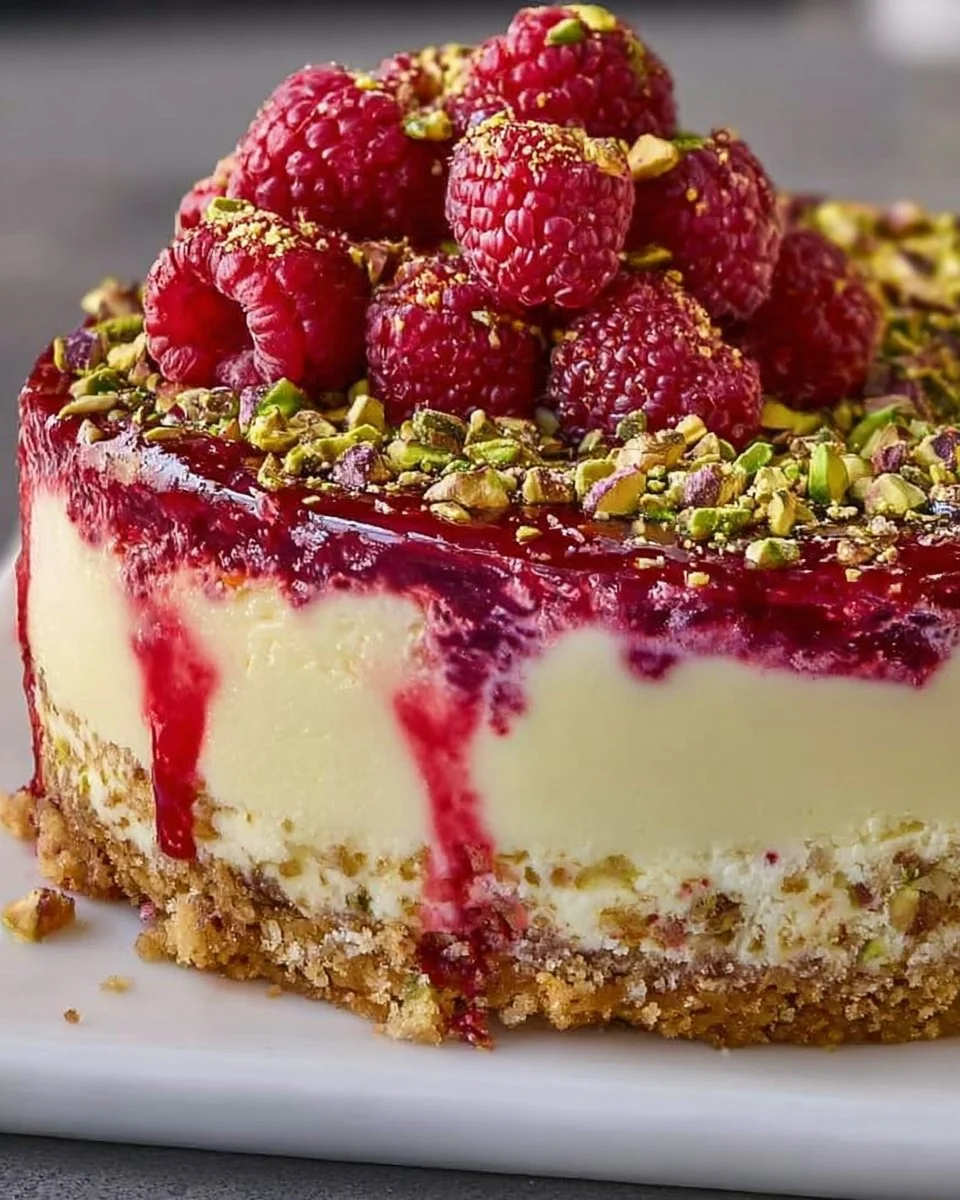 Slice of Pistachio Raspberry Crunch Cheesecake topped with berries and nuts