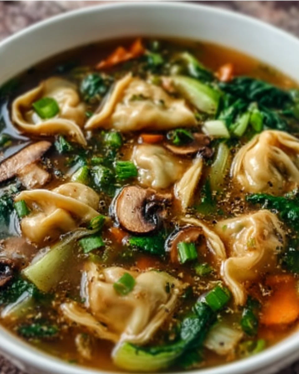 Bowl of homemade potsticker soup with dumplings and vegetables.