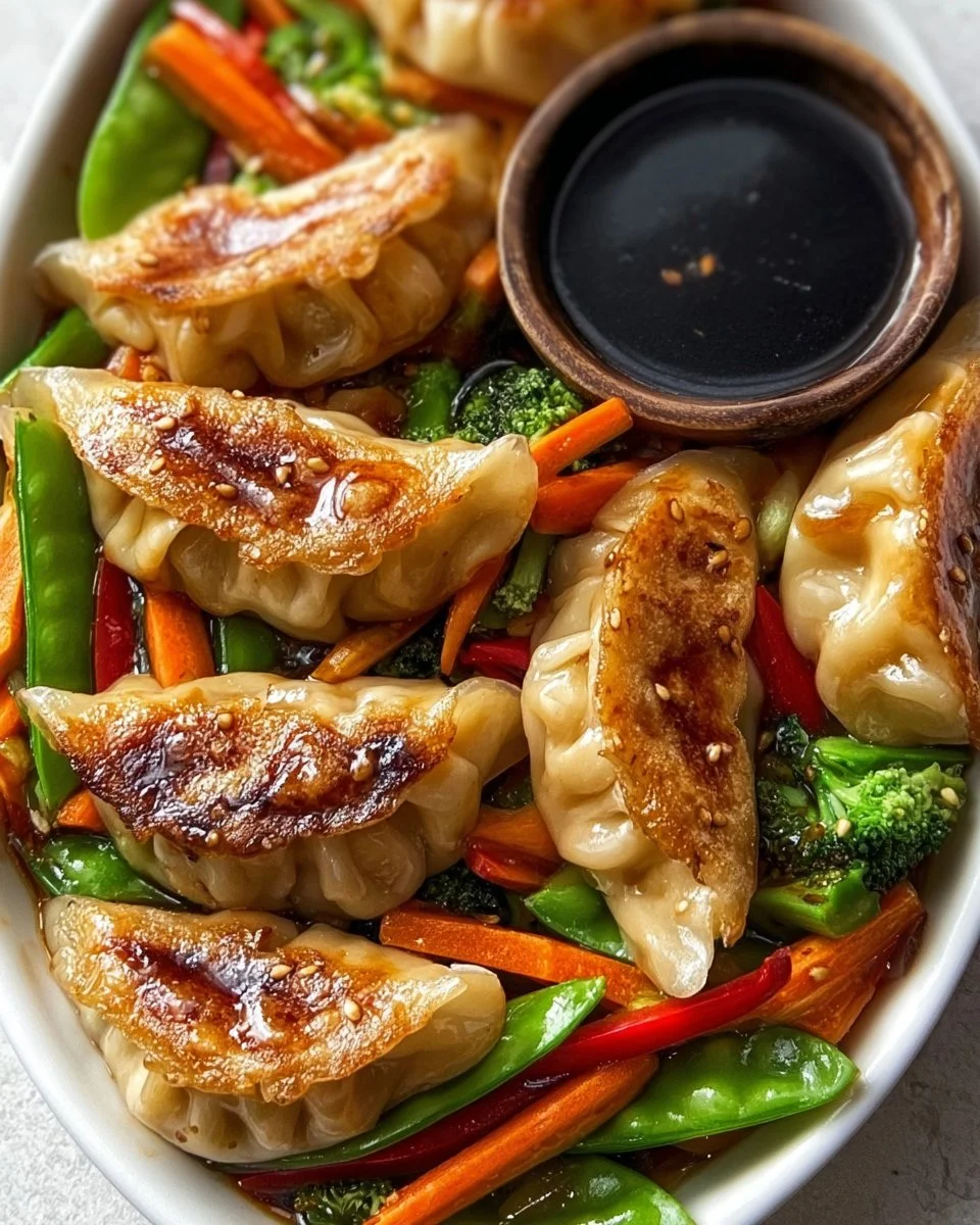 Delicious potsticker stir fry with colorful veggies and savory sauce