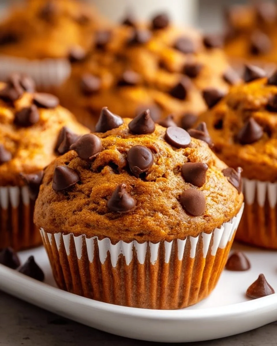 Freshly baked pumpkin chocolate chip muffins on a cooling rack