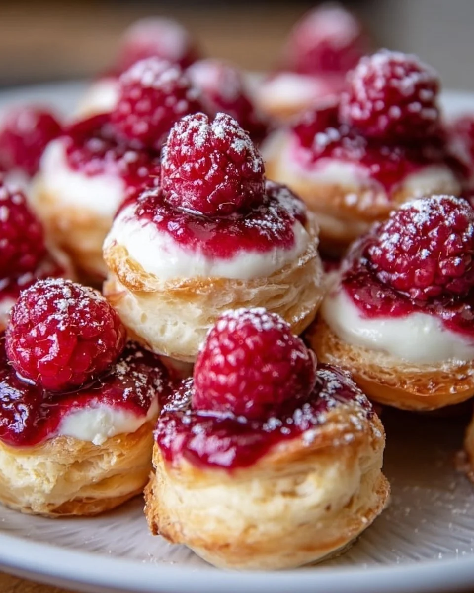 Delicious Raspberry Cream Cheese Bites served on a platter with fresh raspberries.