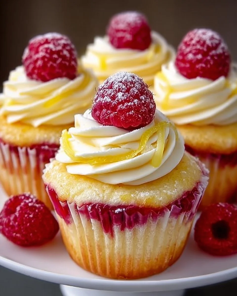 Raspberry Lemon Cupcakes topped with fresh raspberries and lemon frosting