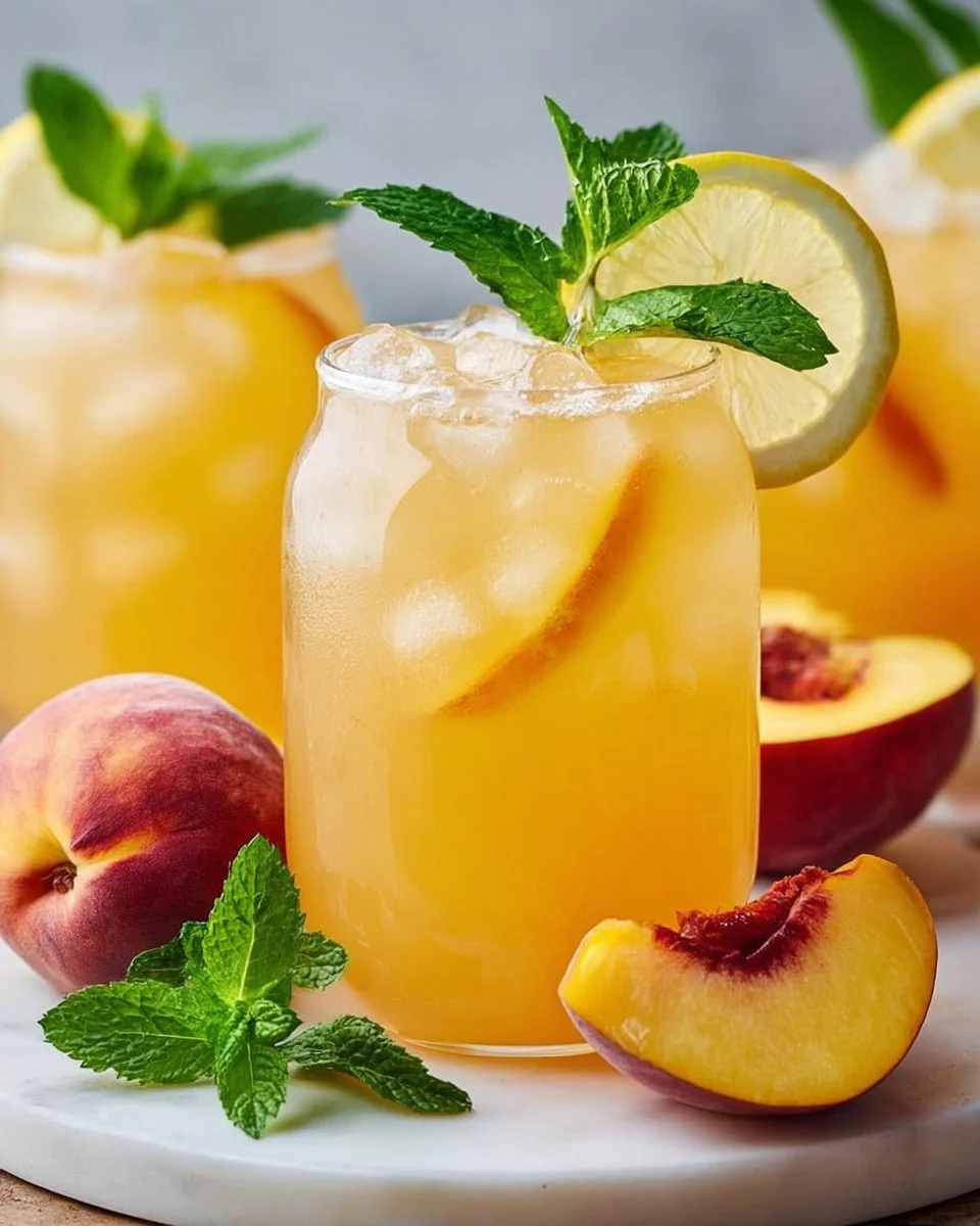 A glass of refreshing peach lemonade with fresh peaches and lemons