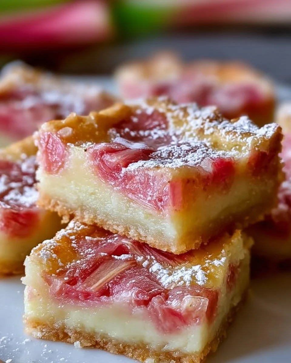 Delicious rhubarb custard bars with creamy filling on a golden crust