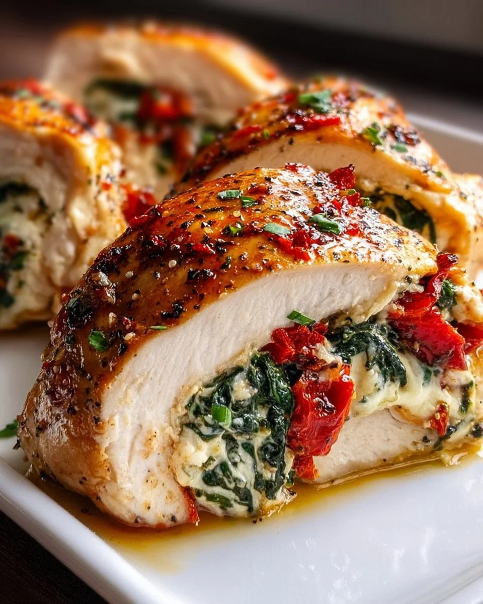Roasted red pepper, spinach, and mozzarella stuffed chicken on a plate