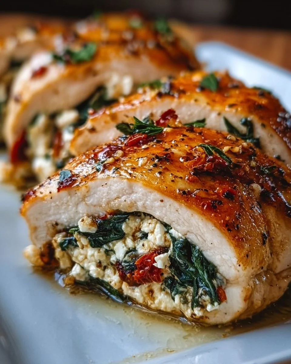 Rolled chicken stuffed with feta cheese and spinach, ready to serve.