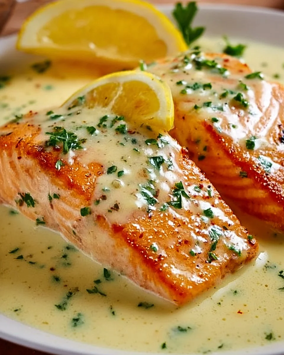 Delicious salmon fillet topped with lemon cream sauce on a plate