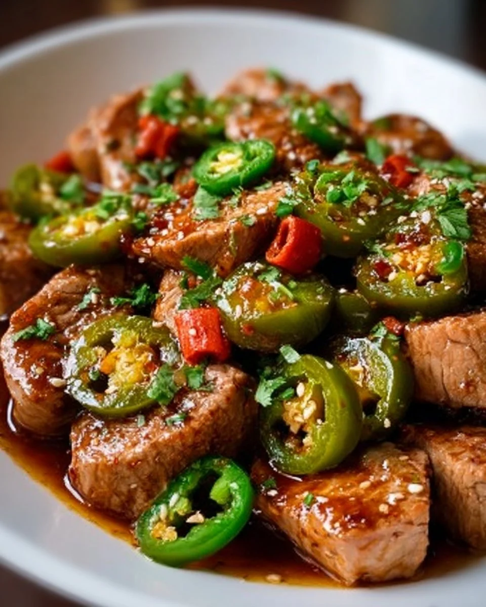 Delicious Sweet Jalapeno Pork dish garnished with fresh jalapenos.