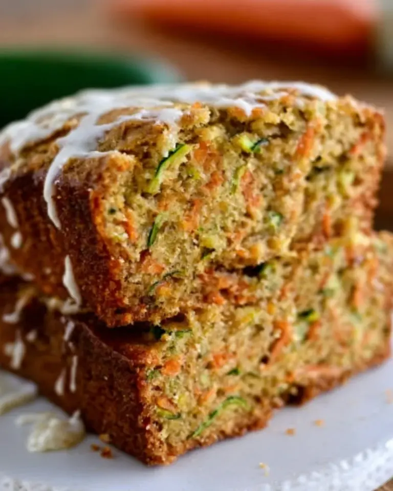 Moist and flavorful Carrot Apple Zucchini Bread slice with fresh ingredients