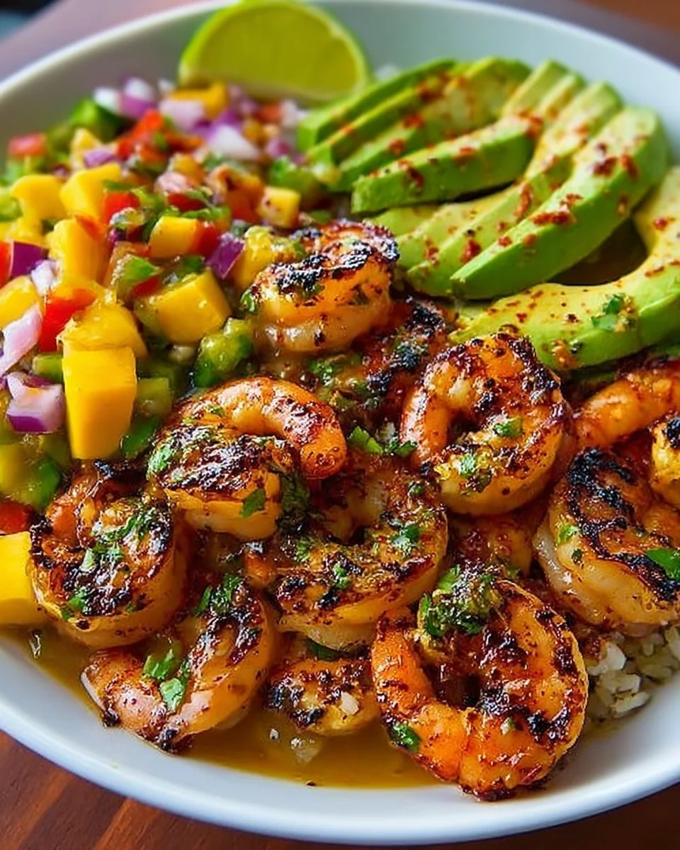 Shrimp avocado bowl garnished with mango salsa and lime-chili sauce.