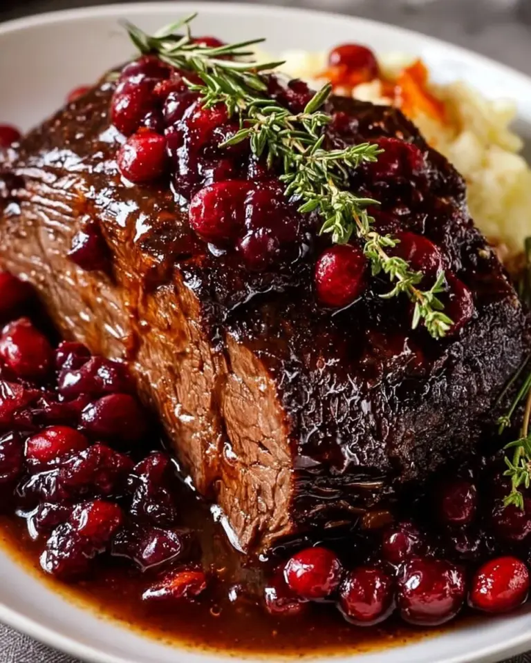 Slow-braised beef roast glazed with cranberry balsamic sauce on a plate.