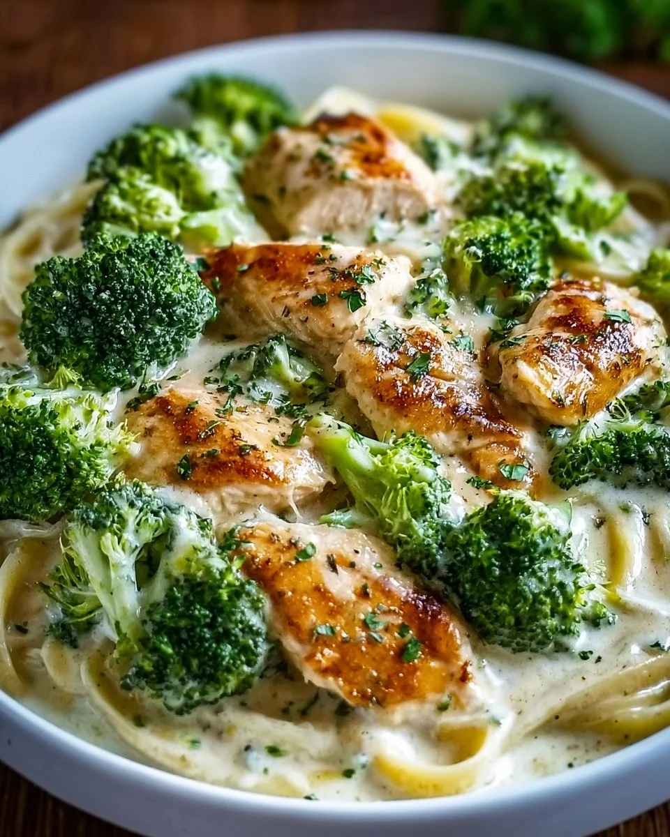 Slow Cooker Chicken Alfredo with Broccoli in a creamy sauce