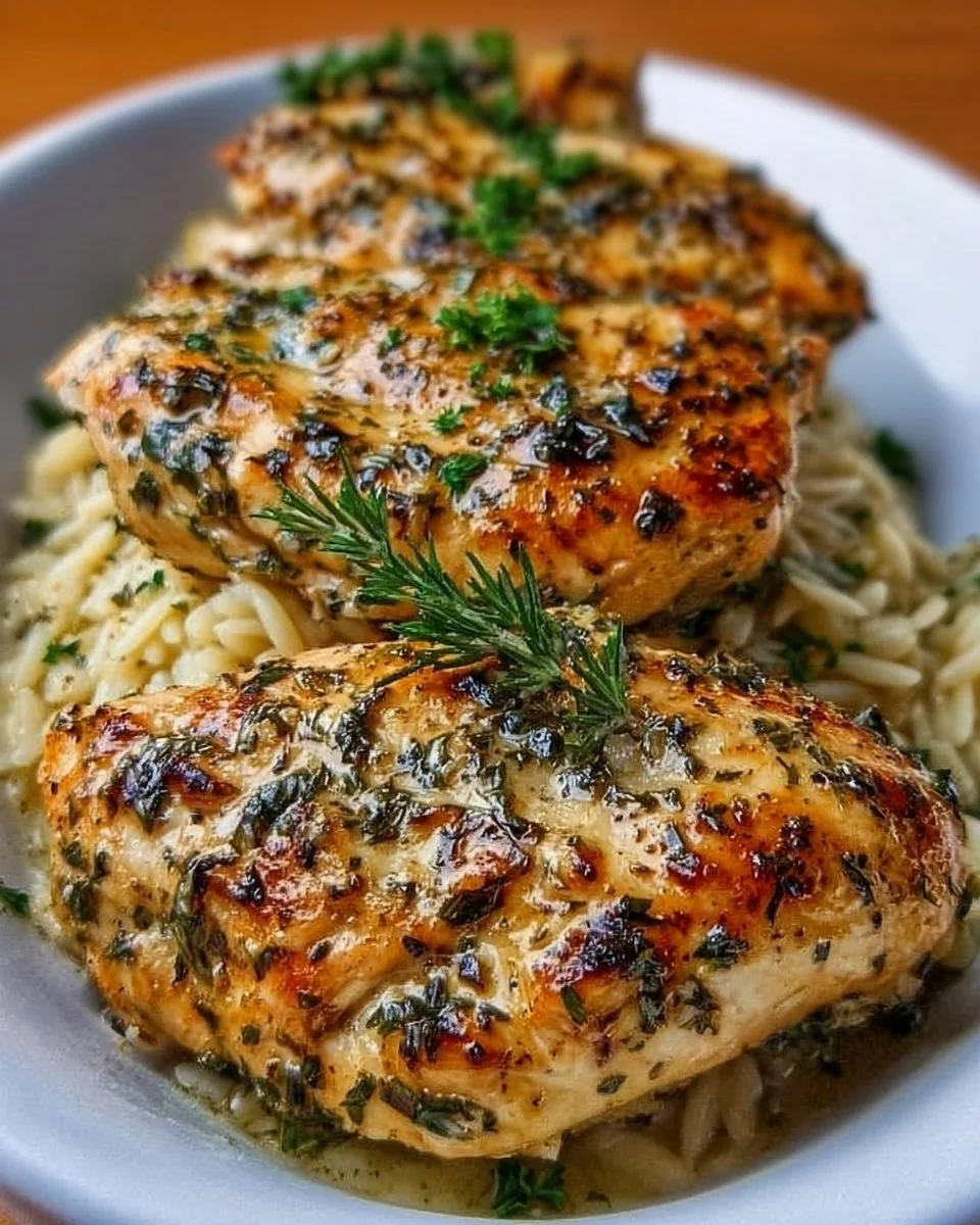 Slow Cooker Parmesan Herb Chicken with Orzo served in a bowl