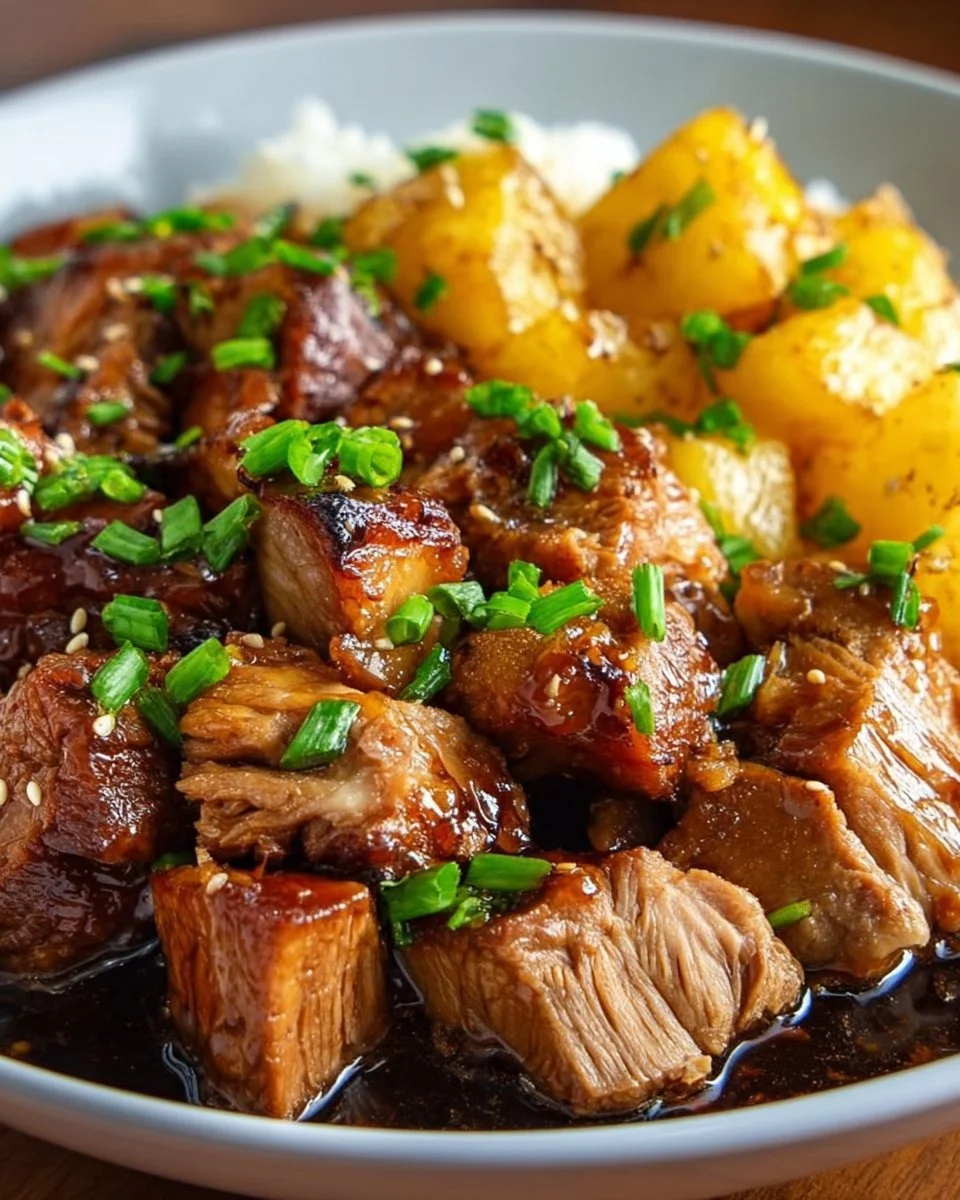 Slow cooker Pineapple Pork dish with juicy meat and pineapple chunks