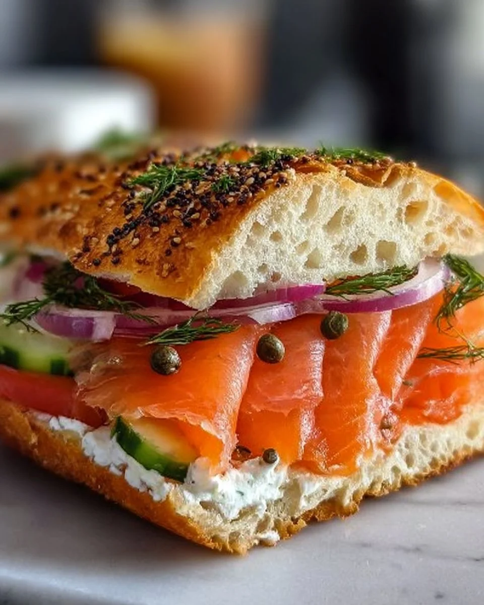 Delicious smoked salmon sandwich with fresh ingredients and garnishes