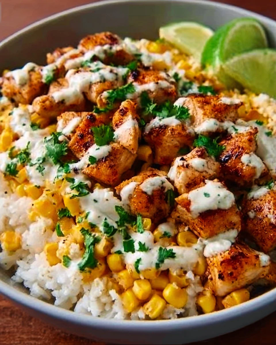 Smoky Mexican street corn chicken rice bowl garnished with cilantro and lime.