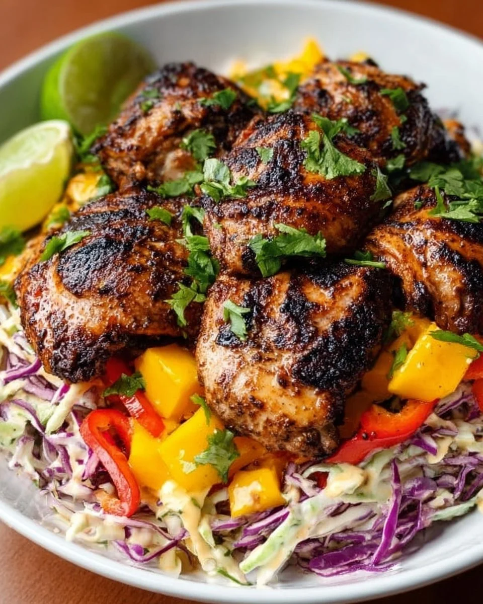 Plate of spicy jerk chicken served with mango slaw garnish.
