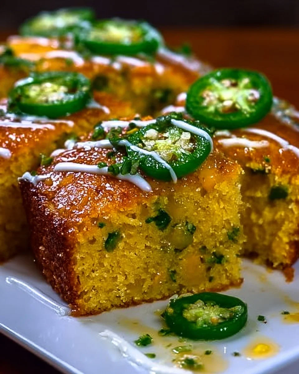 Spicy sweet jalapeño cornbread with zesty lime drizzle, freshly baked and served