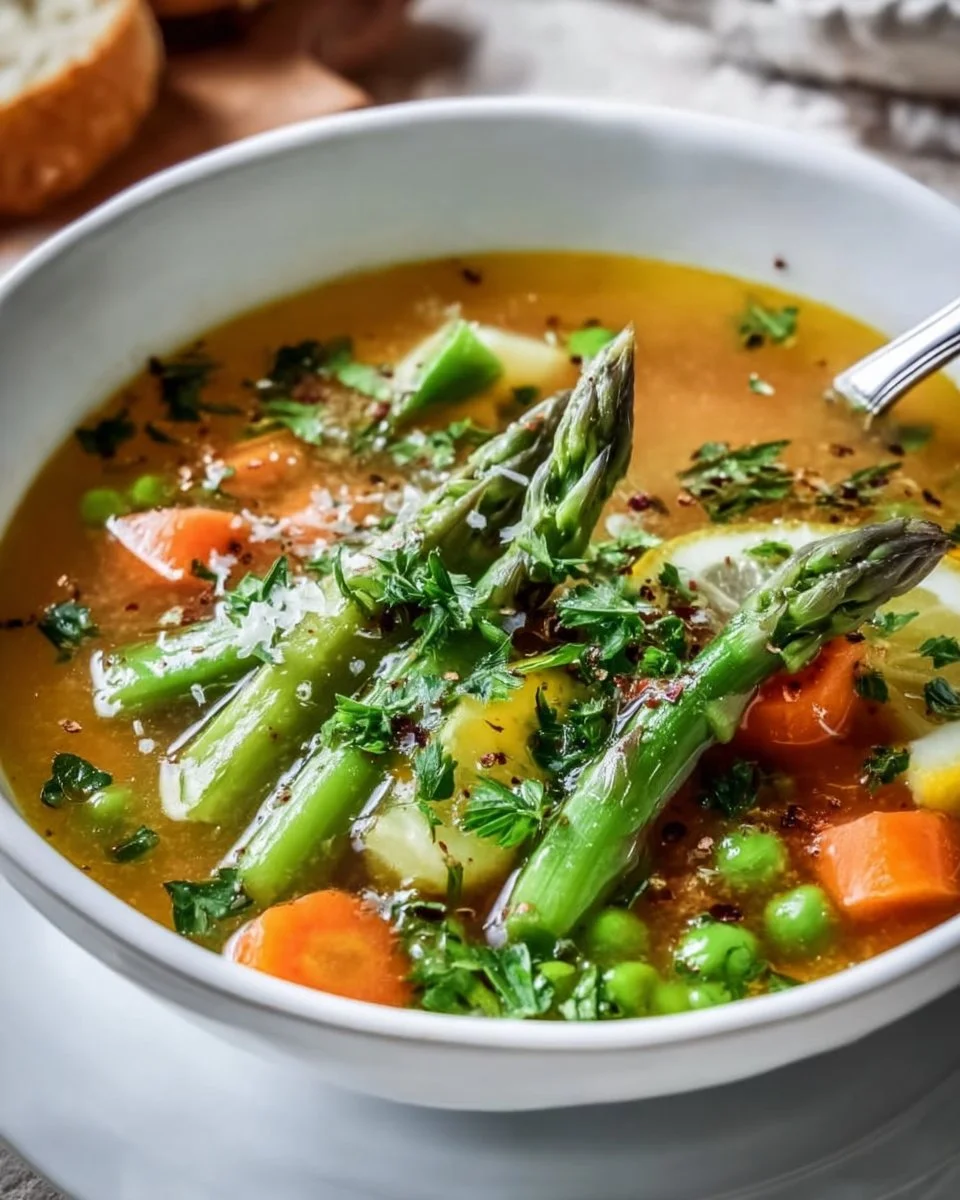 Bowl of spring vegetable soup with lemon and fresh herbs