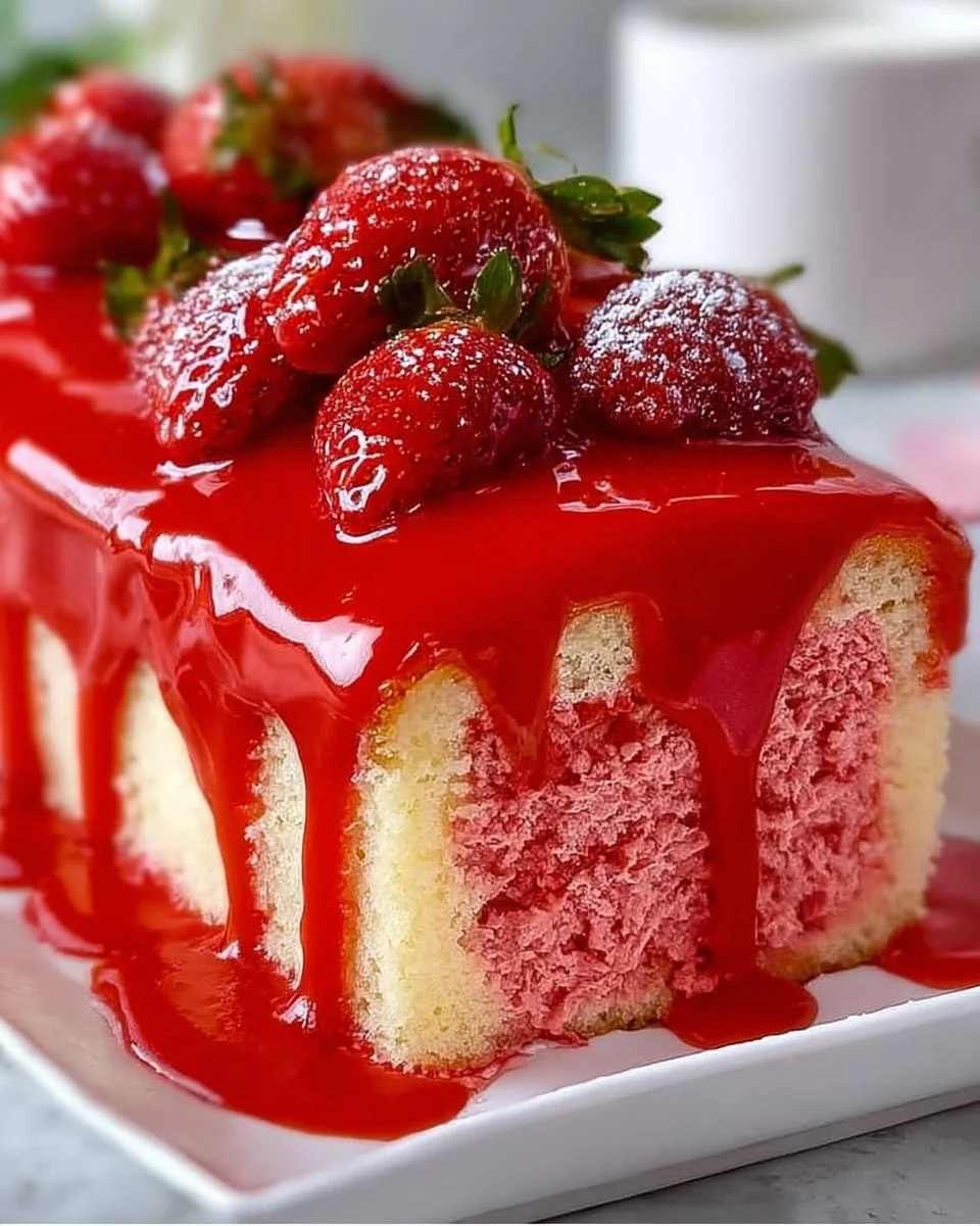 Deliciously moist Strawberry Glaze Cake with a glossy strawberry topping.