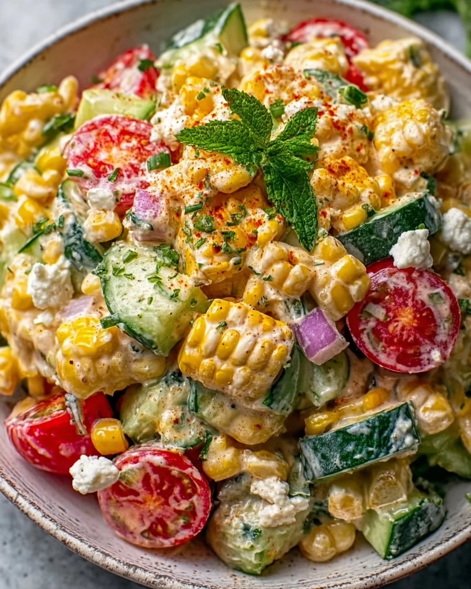 Delicious Street Corn Salad with creamy cucumbers and fresh toppings