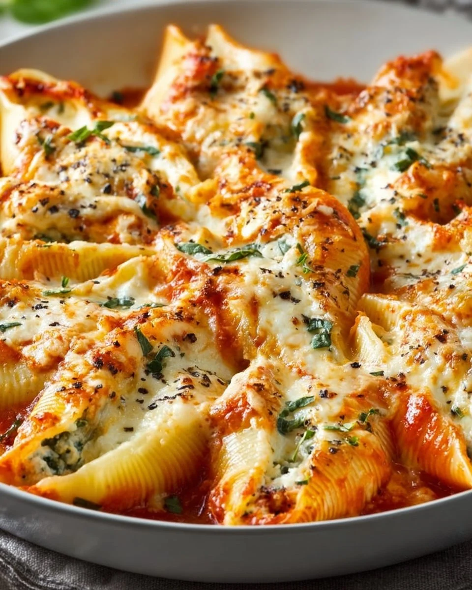 Plate of baked stuffed shells filled with cheese and topped with marinara sauce.