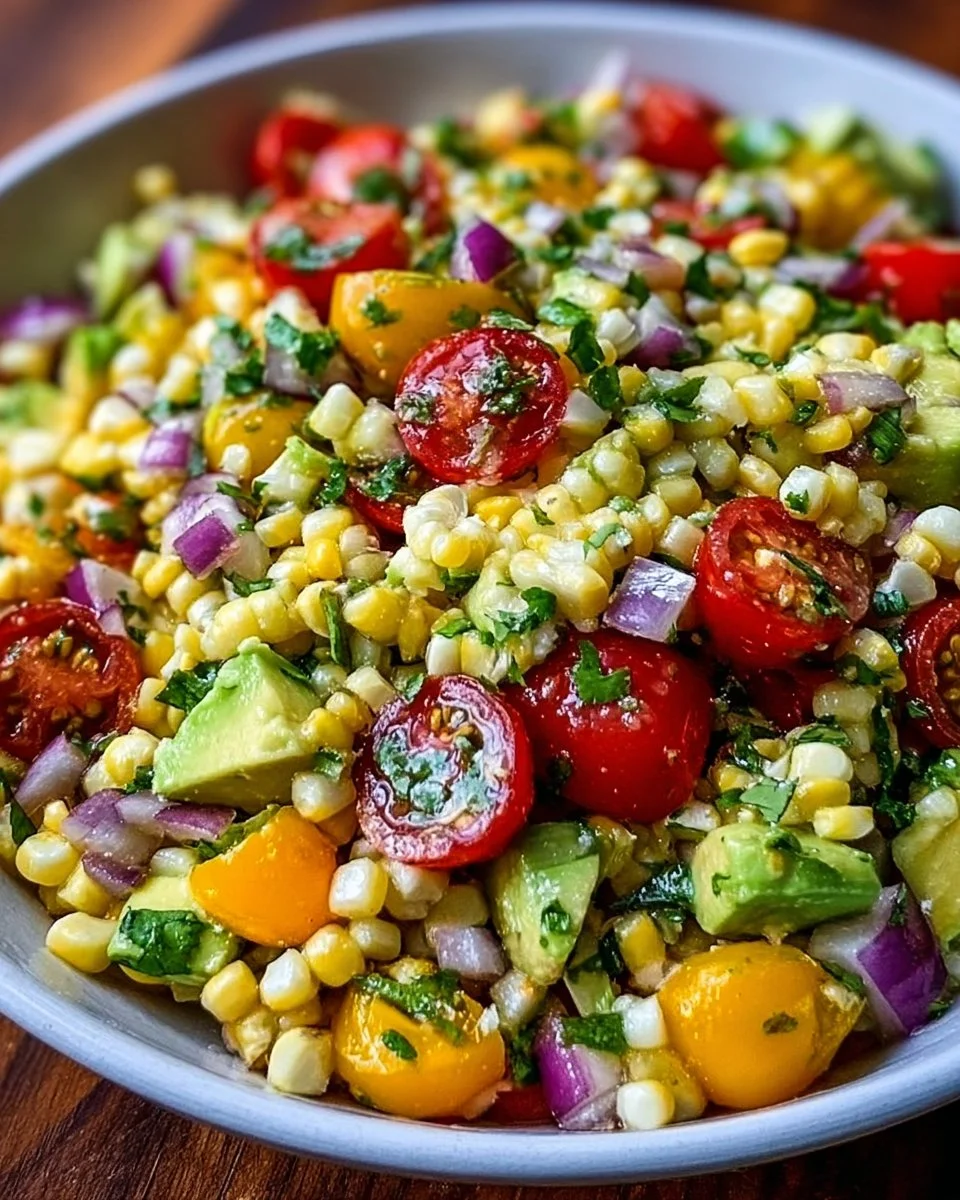 Fresh summer corn salad with colorful vegetables and herbs