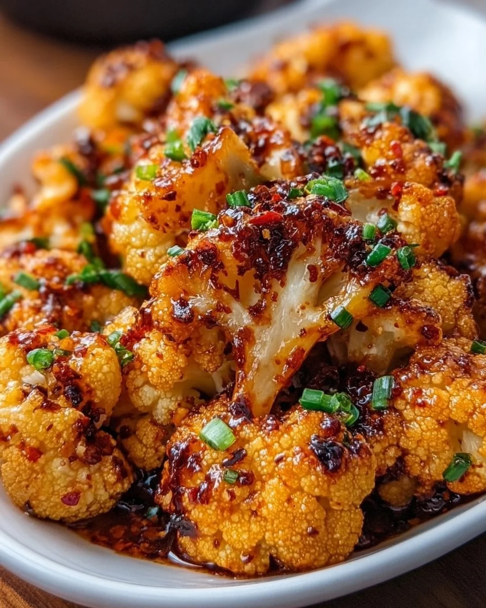 Sweet and spicy baked cauliflower dish with vibrant colors and seasoning
