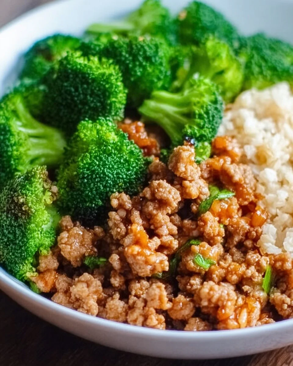 Sweet and Spicy Ground Turkey & Broccoli Bowl with vibrant ingredients